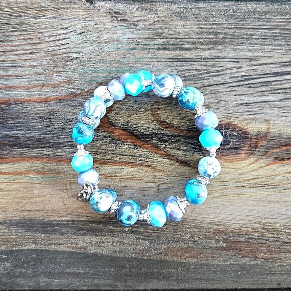 Aqua Gemstone Beaded Bracelet Silver Beach Cruise Memory Wire Designer NWT - Picture 8 of 12